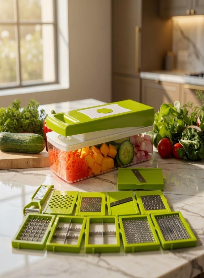 Well Set قطاعة ومفرمة خضراوات متعددة الاستخدامات 12 في 1 من ويل سيت | قطاعة فواكه وخضراوات متعددة الأغراض، مبشرة، مقشرة ومفرمة | هيكل غير قابل للكسر مصنوع من مواد آمنة غذائياً مع زر سهل التنظيف بالضغط (أخضر) - Image 1